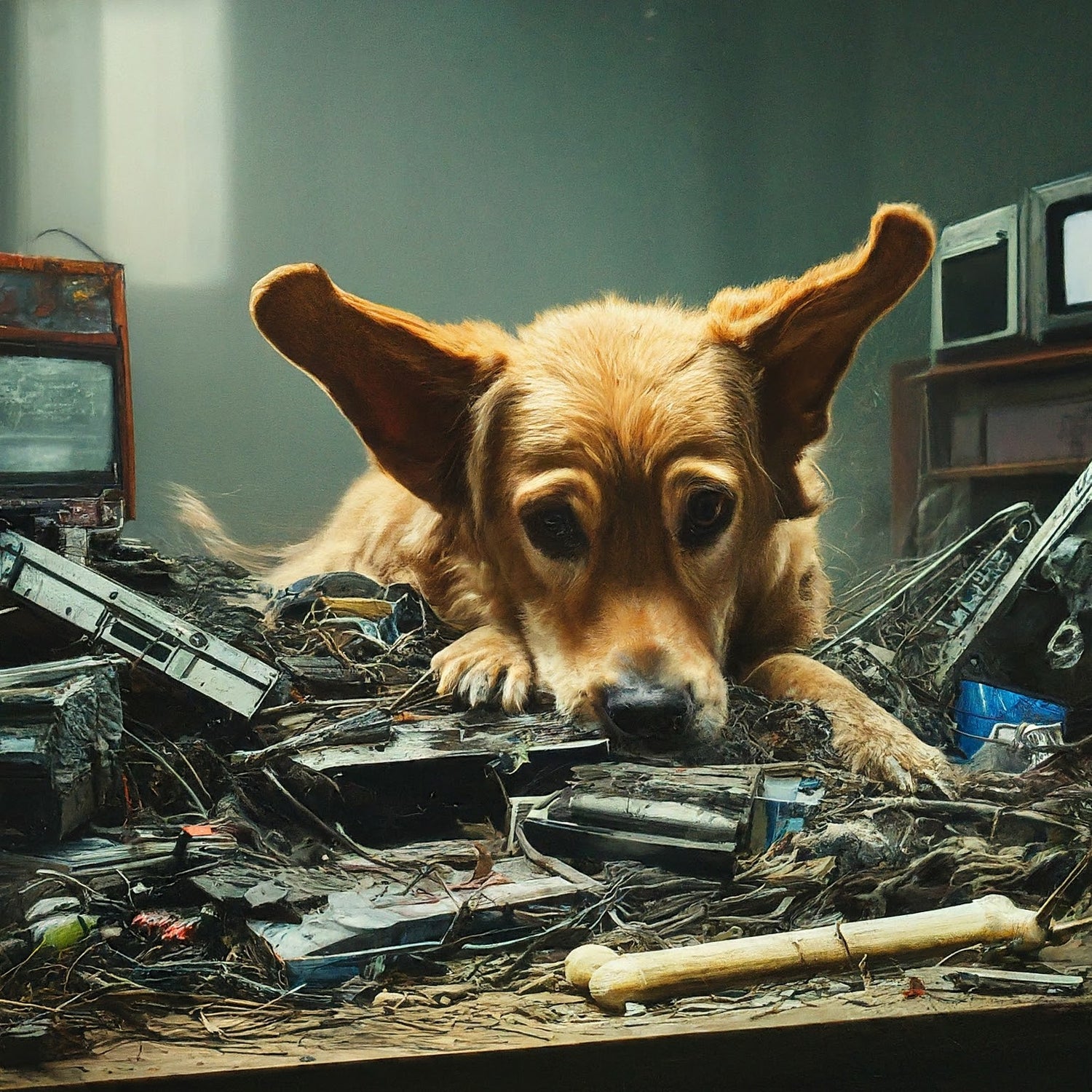 cute sad dog looking at bone amidst a pile of electronics