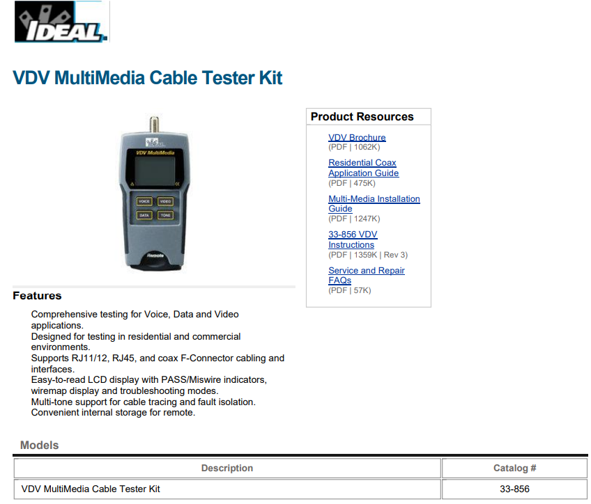 Ideal VDV Multimedia Cable Tester (33-856) - HALF PRICE!