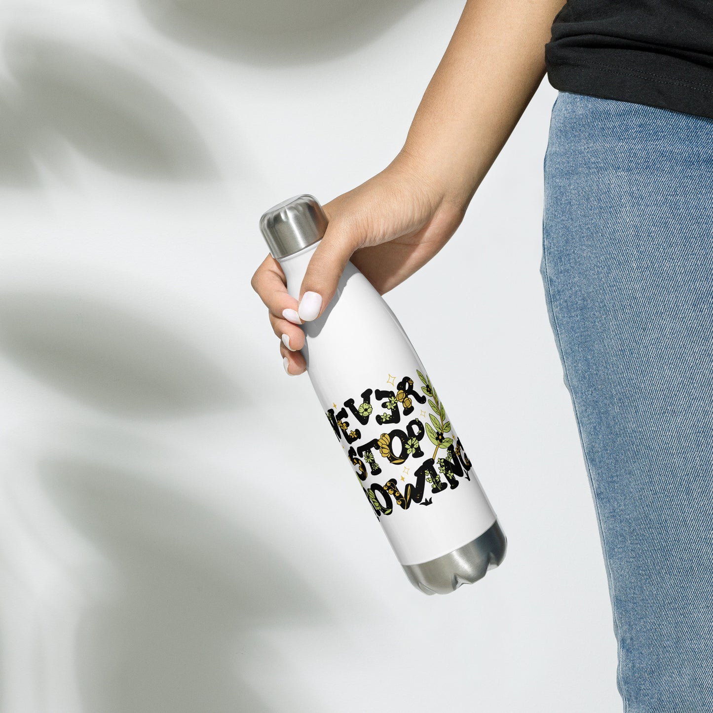 "Never Stop Growing" 17oz Stainless Steel Vacuum Insulated Water Bottle - Keeps Drinks Hot or Cold for Hours