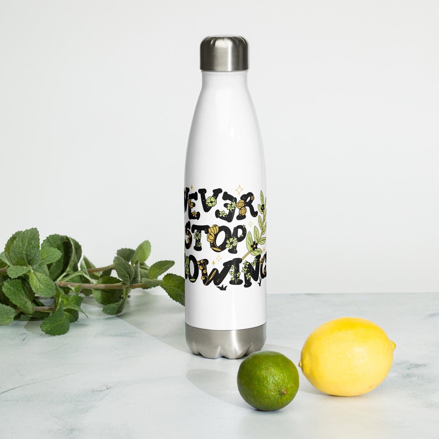 "Never Stop Growing" 17oz Stainless Steel Vacuum Insulated Water Bottle - Keeps Drinks Hot or Cold for Hours