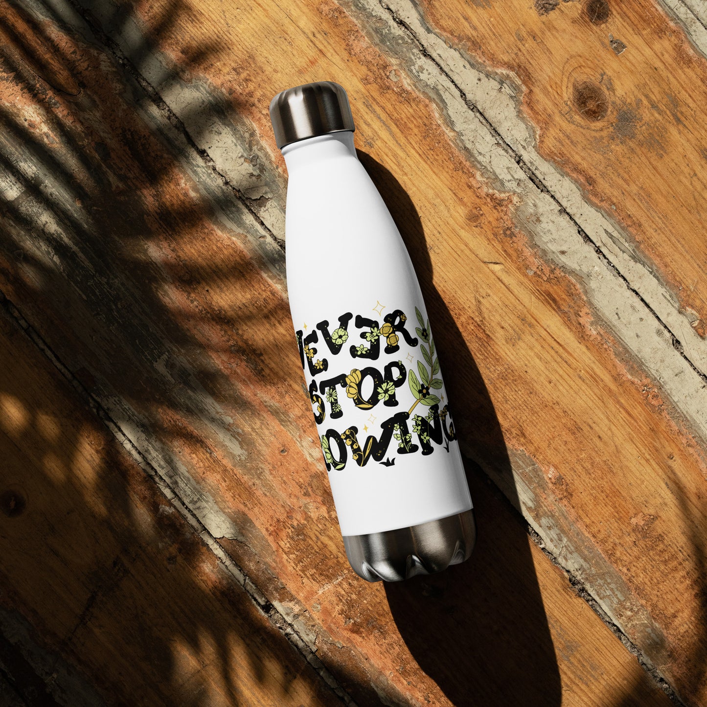 "Never Stop Growing" 17oz Stainless Steel Vacuum Insulated Water Bottle - Keeps Drinks Hot or Cold for Hours