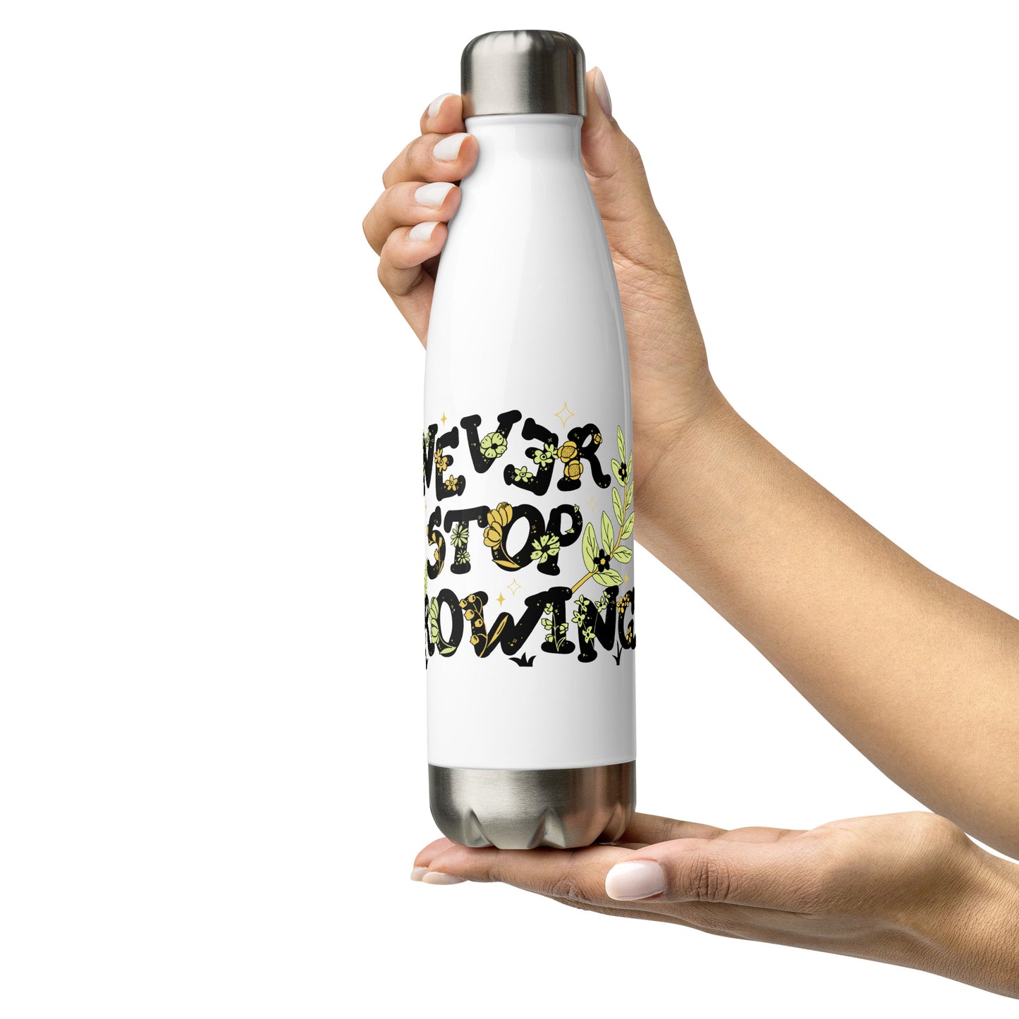 "Never Stop Growing" 17oz Stainless Steel Vacuum Insulated Water Bottle - Keeps Drinks Hot or Cold for Hours