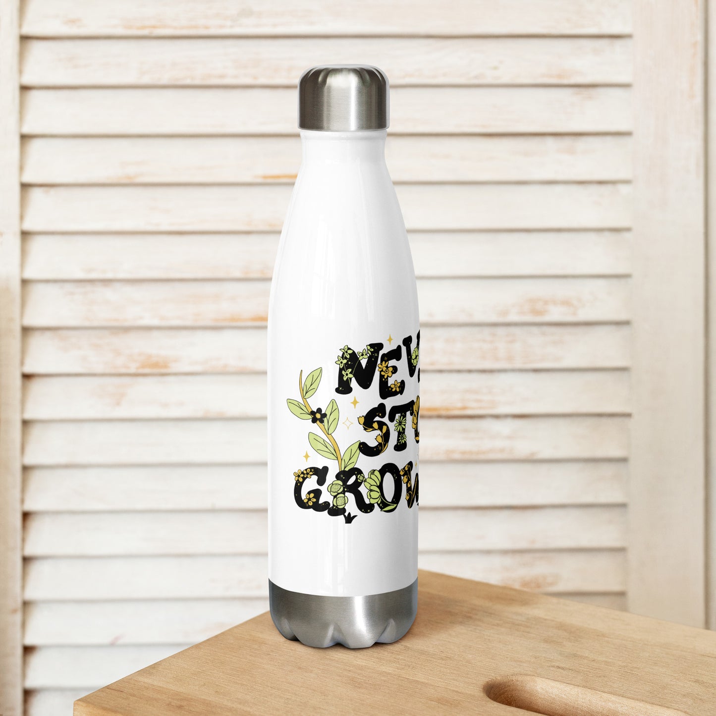 "Never Stop Growing" 17oz Stainless Steel Vacuum Insulated Water Bottle - Keeps Drinks Hot or Cold for Hours